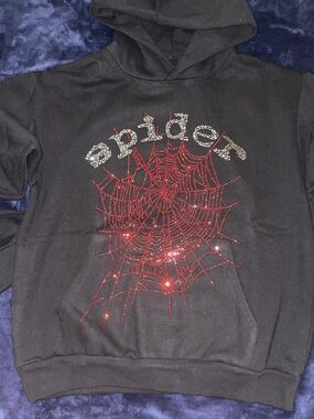 Black Crewneck Hoodie with Red Rhinestone Spider Web - Men's Sweater